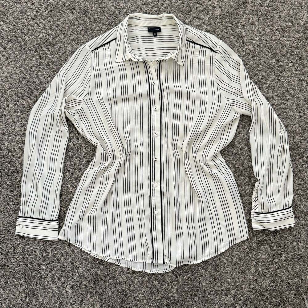 Who What Wear White and Black Striped Long Sleeve Button-Down Blouse, Size XL